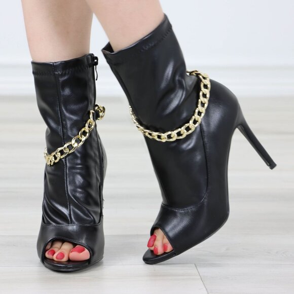 Black Open Toe High Heel Boots Trendy Gold Ankle Chain Heeled Stiletto's - Picture 8 of 13
